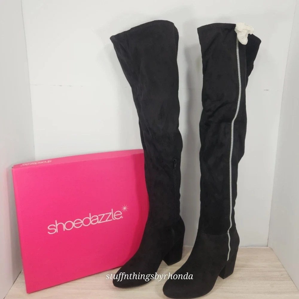 New In Box SHOEDAZZLE NEVAEH Thigh High Boots Over Knee Zip BLACK US 9‎ / EU 40
